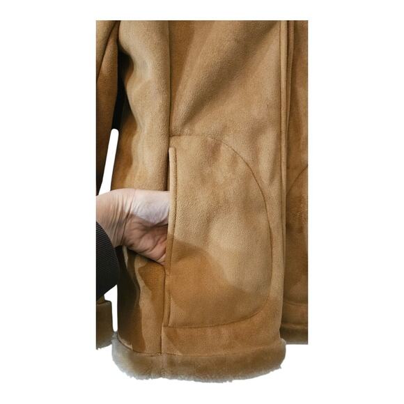 Mulberry Street Womens LARGE Hooded Coat Jacket Faux Fur Faux Suede Pockets Tan - Picture 3 of 8
